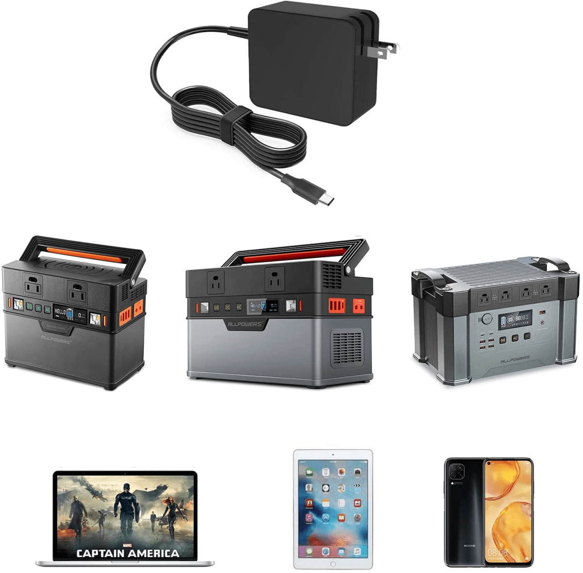 ALLPOWERS Ładowarka ścienna USB-C PD o mocy 65 W, zasilacz sieciowy typu C, kompatybilny z laptopami i stacjami zasilania S300/S700/S2000